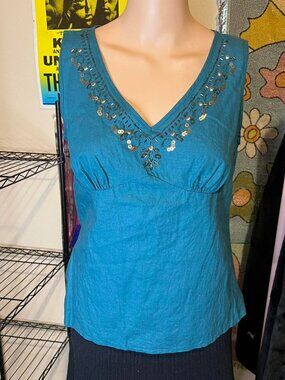 Y2K Blue Linen Embellished Beaded Sequin Tank Top